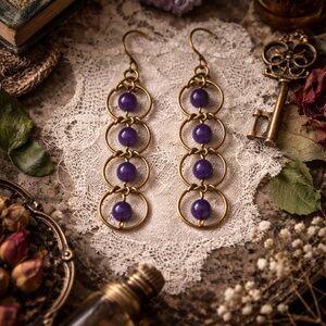 Brass & Amethyst Statement Earrings | Artisan Wire Dangle 4”
